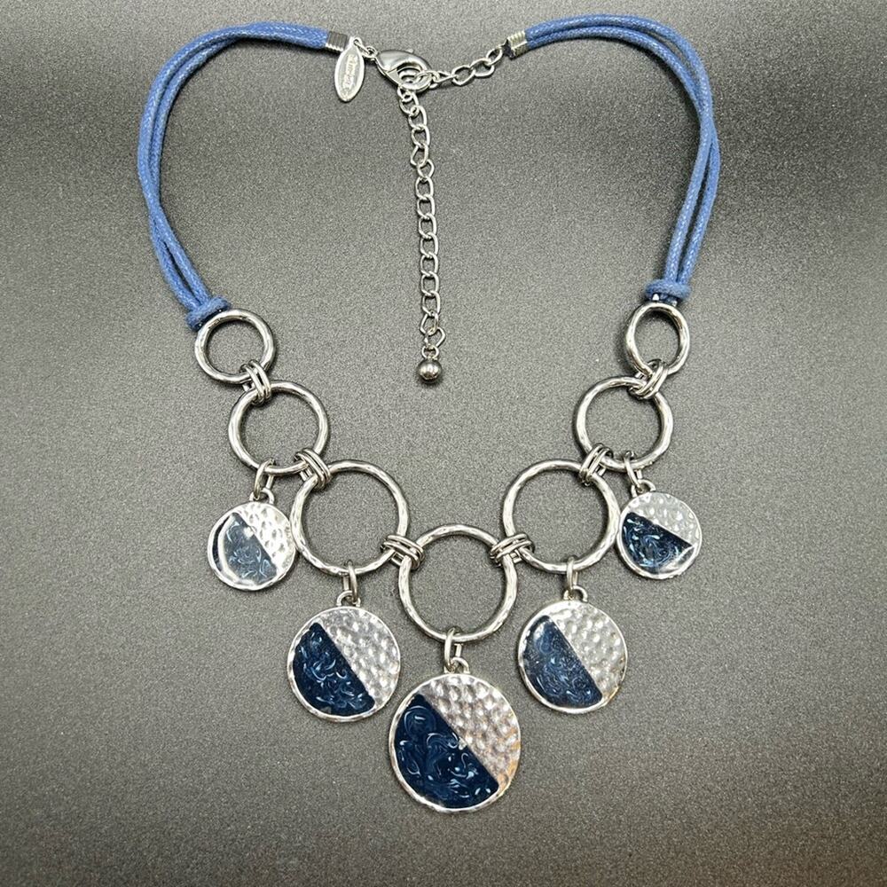 Chico’s Statement Piece Necklace Blue and Silver tone disc circle geometric #104